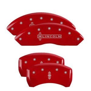 Lincoln LS Caliper Covers - Front + Rear - MGP - Engraved Front Lincoln + Engraved Rear Star logo - Red - `00-`05 Lincoln LS Caliper Covers - Front + Rear - MGP - Engraved Front Lincoln + Engraved Rear Star logo - Red - `00-`05