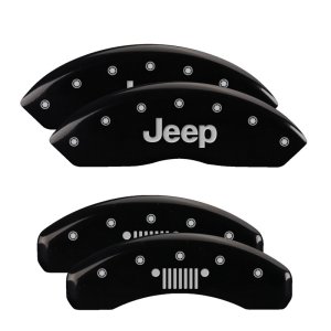 Jeep Wrangler Caliper Covers - Front + Rear - MGP - Engraved Front JEEP, Engraved Rear JEEP Grill Logo - Black - `07-`18