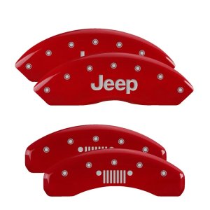 Jeep Wrangler Caliper Covers - Front + Rear - MGP - 4 Logo Engraved - Red - `03-`06