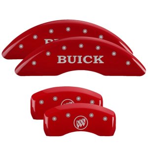 Buick Enclave Caliper Covers - Front + Rear - MGP - Engraved Front Buick + Engraved Rear Buick Shield - Red - `08-`17