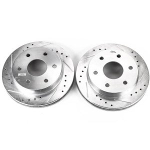 Cadillac Escalade Brake Rotors (2) - Front - PowerStop - Evolution Drilled & Slotted Zinc Plated Rotors - Silver - `99-`00