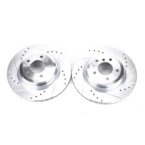BMW 335i Brake Rotors (2) - Rear - PowerStop - Drilled & Slotted - Silver Zinc Plated - `07-`13