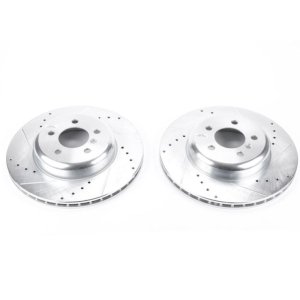 BMW 335i Brake Rotors (2) - Rear - PowerStop - Evolution Drilled & Slotted Zinc Plated - Silver - `12-`15