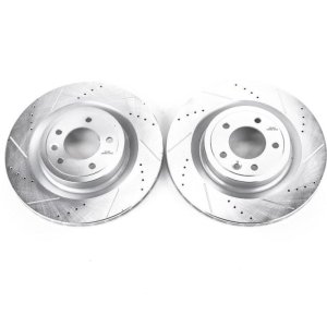 Land Rover Range Rover Brake Rotors (2) - Rear - PowerStop - Evolution Drilled & Slotted, Zinc Plated - Silver - `16-`17