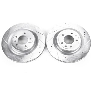 Land Rover Range Rover Brake Rotors (2) - Rear - PowerStop - Evolution Drilled & Slotted, Zinc Plated - Silver - `16-`17