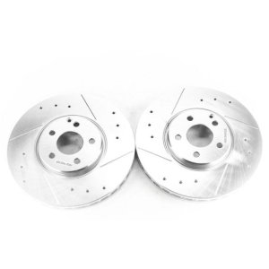 Mercedes-Benz E500 Brake Rotors (2) - Front - PowerStop - Evolution Drilled & Slotted - Silver - `04-`06 Mercedes-Benz E500 Brake Rotors (2) - Front - PowerStop - Evolution Drilled & Slotted - Silver - `04-`06
