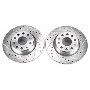 Audi A3 Brake Rotors (2) - Rear - PowerStop - Evolution Drilled & Slotted Zinc Plated - Silver - `06-`09