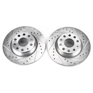 Audi A3 Brake Rotors (2) - Rear - PowerStop - Evolution Drilled & Slotted Zinc Plated - Silver - `06-`09