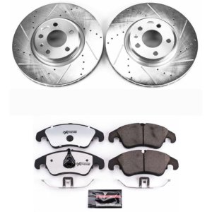 Audi A4 Brake Kit - Front - PowerStop - Drilled & Slotted Rotors + Carbon-Fiber Ceramic Pads + Hardware + Z26 - `09-`11