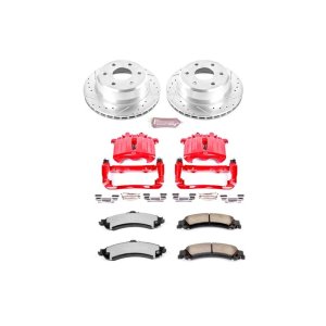Cadillac Escalade Brake Kit - Rear - PowerStop - Drilled & Slotted Rotors + Carbon-Fiber Ceramic Pads + Powder Coated Calipers - Red - `02-`06