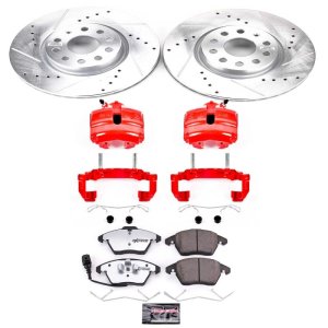 Audi A3 Brake Kit - Front - PowerStop - Z26 Street Warrior, Drilled & Slotted Rotors, Carbon-Fiber Ceramic Pads, Powder Coated Calipers - Red - `06-`09
