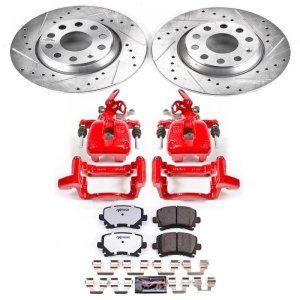 Audi A3 Brake Kit - Rear - PowerStop - Z26 Street Warrior + Drilled & Slotted Rotors + Carbon-Fiber Ceramic Pads + Powder Coated Calipers - Red - 2009