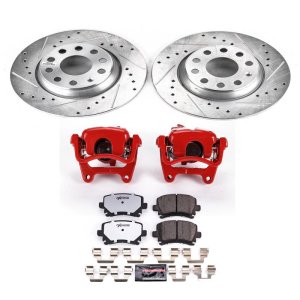 Audi A3 Brake Kit - Rear - PowerStop - Drilled & Slotted Rotors + Carbon-Fiber Ceramic Pads + Powder Coated Calipers - Red - `06-`08