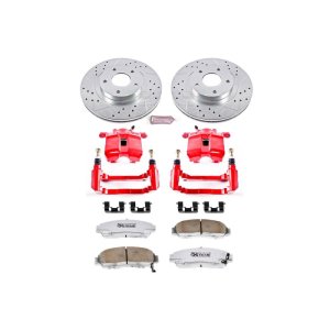 Acura RL Brake Kit - Front - PowerStop - Drilled & Slotted Rotors + Carbon-Fiber Ceramic Pads + Powder Coated Calipers - Red - `99-`04