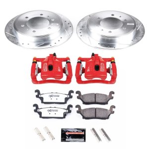 Hummer H3 Brake Kit - Rear - PowerStop - Drilled & Slotted Rotors + Carbon-Fiber Ceramic Pads + Powder Coated Calipers - Red - `06-`10