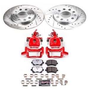 Audi A3 Brake Kit - Rear - PowerStop - Drilled & Slotted Rotors + Carbon-Fiber Ceramic Pads + Powder Coated Calipers - Red - 2008