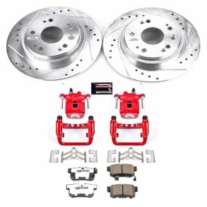 Acura RL Brake Kit - Rear - PowerStop - Z26 Street Warrior + Drilled & Slotted Rotors + Carbon-Fiber Ceramic Pads + Powder Coated Calipers - Red - `02-`04