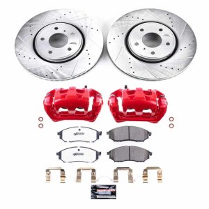 Infiniti FX35 Brake Kit - Front - PowerStop - Z26 Street Warrior + Drilled/Slotted Rotors + Carbon-Fiber Ceramic Pads + Powder Coated Calipers - Red - `05-`12 Infiniti FX35 Brake Kit - Front - PowerStop - Z26 Street Warrior + Drilled/Slotted Rotors + Carbon-Fiber Ceramic Pads + Powder Coated Calipers - Red - `05-`12