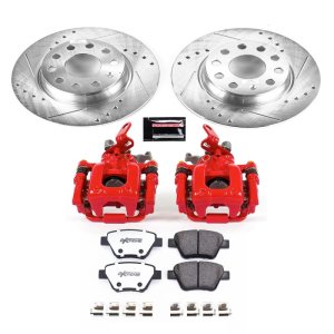 Audi A3 Brake Kit - Rear - PowerStop - Z26 Street Warrior + Drilled & Slotted Rotors + Carbon-Fiber Ceramic Pads + Powder Coated Calipers - Red - `10-`12