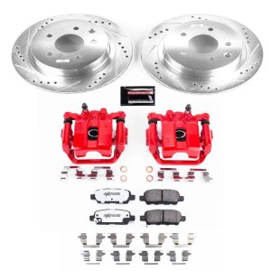 Nissan Rogue Brake Kit - Rear - PowerStop - Drilled & Slotted Rotors + Carbon-Fiber Ceramic Pads + Powder Coated Calipers - Red - `08-`14