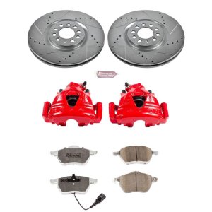 Audi TT Brake Kit - Front - PowerStop - Drilled & Slotted Rotors + Carbon-Fiber Ceramic Pads + Powder Coated Calipers - Red - `99-`06