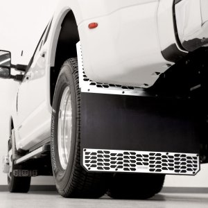 Ford SuperDuty Dually Mud Flaps - Rear - Putco - Hex Shield - Polished Stainless Steel - `17-`20
