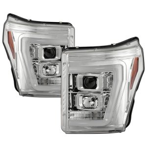 Ford F350 Headlights - SPYDER - Projector, Platinum Series, Version 2, High-Power LED, White Light Bar - Chrome - `11-`16
