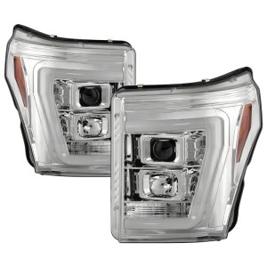 Ford F450 Headlights - SPYDER - Projector, Platinum Series, Version 2, High-Power LED, White Light Bar - Chrome - `11-`16