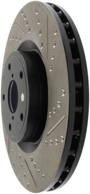 Subaru WRX STI Brake Rotor (1) - Front Left - Stoptech - Slotted & Drilled - Black - `13-`17