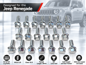 Jeep Renegade Lug Bolt Set - Set of 20 - M12x1.25 - 60° Cone Seat - Silver Jeep Renegade Lug Bolt Set - Set of 20 - M12x1.25 - 60° Cone Seat - Silver