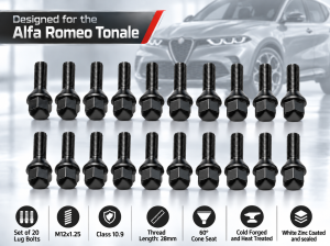 Alfa Romeo Tonale Lug Bolt Set - Set of 20 - M12x1.25 - 60° Cone Seat - Black Alfa Romeo Tonale Lug Bolt Set - Set of 20 - M12x1.25 - 60° Cone Seat - Black