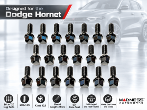 Dodge Hornet Lug Bolt Set - Set of 20 - M12x1.25 - 60° Cone Seat - Black Dodge Hornet Lug Bolt Set - Set of 20 - M12x1.25 - 60° Cone Seat - Black