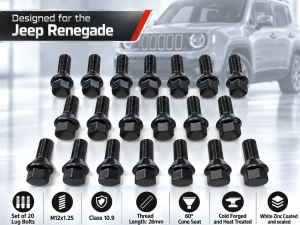 Jeep Renegade Lug Bolt Set - Set of 20 - M12x1.25 - 60° Cone Seat - Black - 17mm Head Jeep Renegade Lug Bolt Set - Set of 20 - M12x1.25 - 60° Cone Seat - Black - 17mm Head
