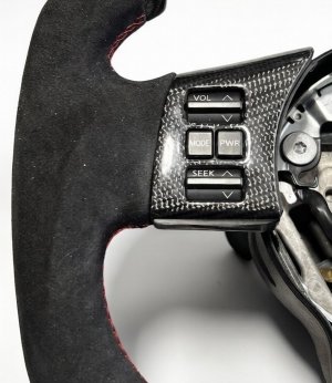 Nissan 350Z Custom Steering Wheel - Carbon Fiber - F1 Style - Flat Bottom - Alcantara / Red Stitch