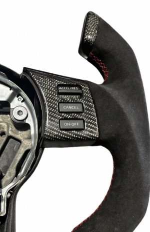 Nissan 350Z Custom Steering Wheel - Carbon Fiber - F1 Style - Flat Bottom - Alcantara / Red Stitch