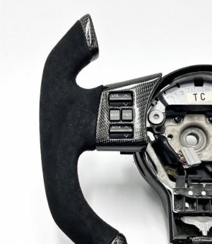 Nissan 350Z Custom Steering Wheel - Carbon Fiber - F1 Style - Flat Bottom - Alcantara / Red Stitch