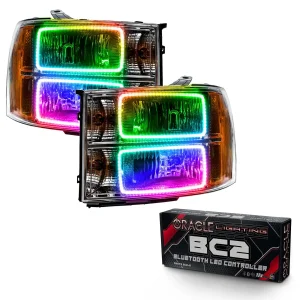 GMC Sierra Headlight Assemblies - ORACLE Lighting - Square Ring Design w/ BC2 Controller - ColorSHIFT - `07-`13