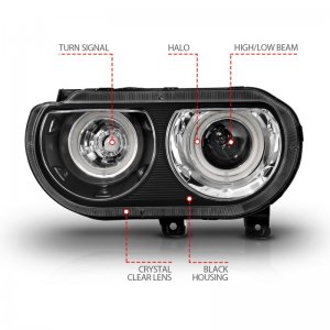 Dodge Challenger Projector Headlights - ANZO - CCFL, Halo, Clear Lens, Black Housing, Pair - Black - `08-`14