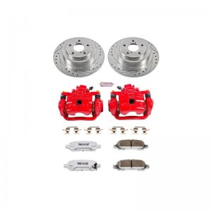Subaru Outback Brake Kit - Rear - PowerStop - Drilled & Slotted Rotors + Carbon-Fiber Ceramic Pads + Powder Coated Calipers - `00-`04