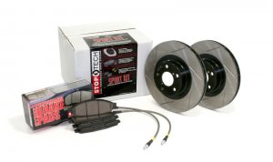 Subaru Legacy Brake Kit - Front + Rear - Stoptech - Slotted Rotors + Sport Pads + Stainless Steel Hoses - Black - `05-`09