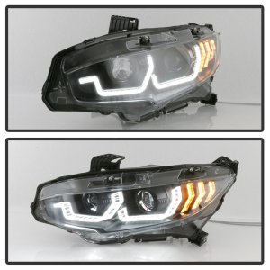 Honda Civic Headlights - SPYDER - Proj Headlight w/ LED Sequential Turn Signal Lights - Black - `16-`18