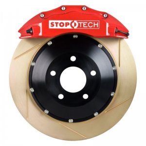 Porsche 911 Brake Kit - Front - Stoptech - Slotted Two-Piece Rotors + Street Performance Pads + ST-60 Caliper - Red - `03-`12