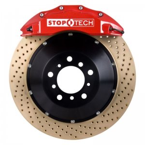 Porsche 911 Brake Kit - Front - Stoptech - Drilled Two-Piece Rotors + StopTech Street Performance Pads + ST-60 Caliper - Red - `05-`10