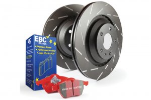 Jaguar F-TYPE Brake Pads + Brake Rotors - Front - EBC - Slotted Rotors + Redstuff Pads - '14 - '21