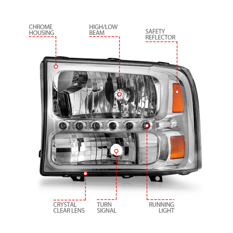 Ford Excursion Headlights - ANZO - Crystal, Clear Lens, LED - Chrome - `00-`04
