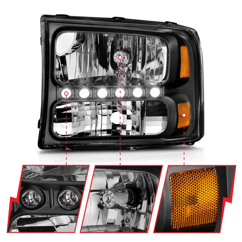 Ford Excursion Headlights - ANZO - Crystal with LED Strip - Black - `00-`04
