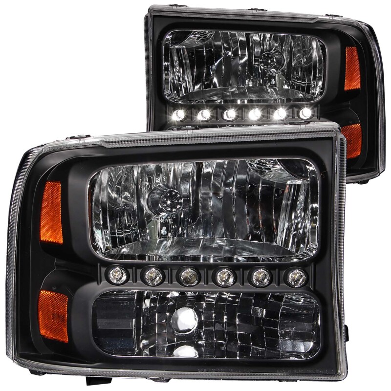Ford Excursion Headlights - ANZO - Crystal with LED Strip - Black - `00-`04