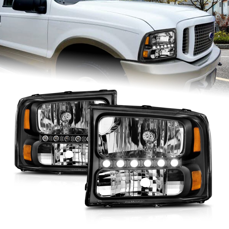 Ford Excursion Headlights - ANZO - Crystal with LED Strip - Black - `00-`04