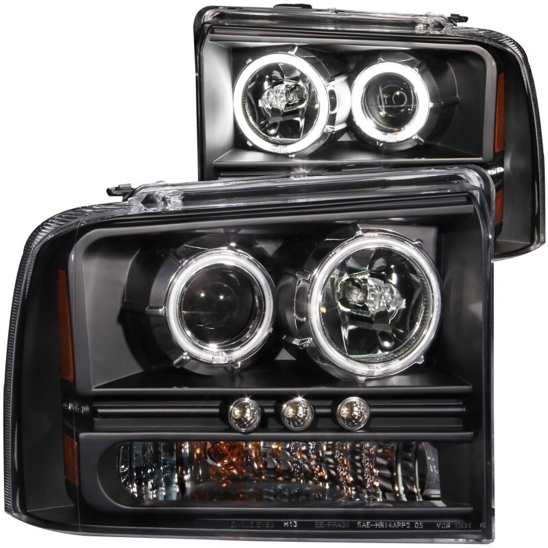 Ford Excursion Projector Headlights - ANZO - w/ Halo, CCFL, LED Strip - Black - `05-`07
