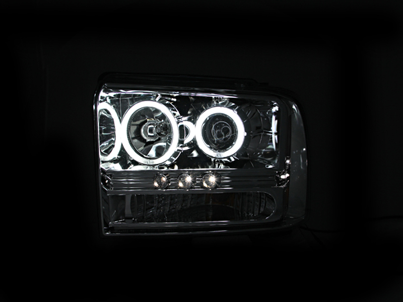 Ford Excursion Projector Headlights - ANZO - w/ Halo, w/ LED Strip, CCFL - Chrome - `05-`07